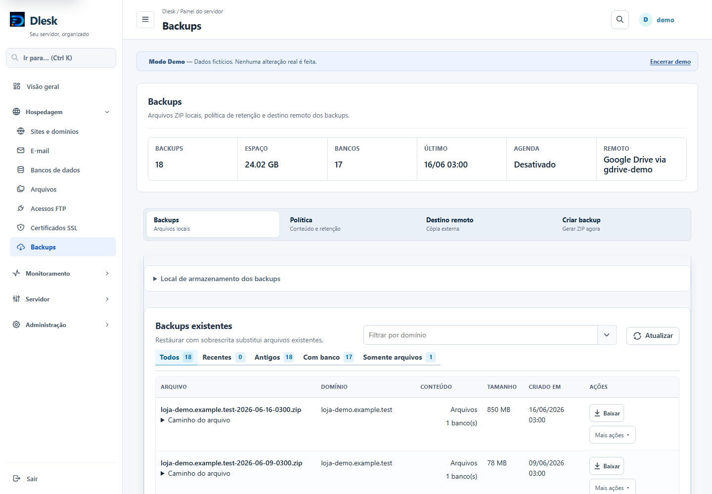 Módulo de backups com navegação por etapas