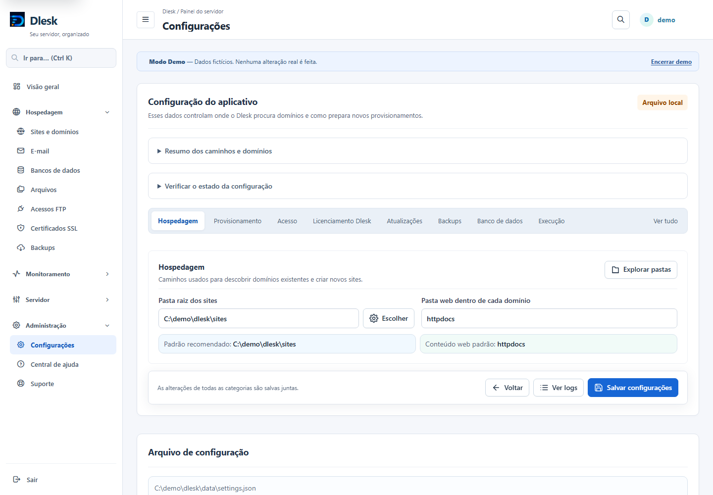 Configurações e licenciamento no Dlesk
